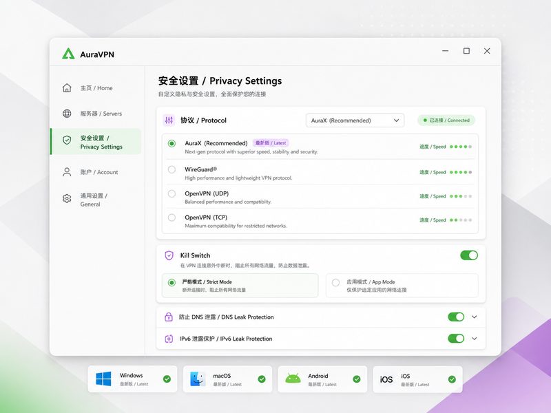 AuraVPN高级安全设置面板展示数据加密与防泄漏功能